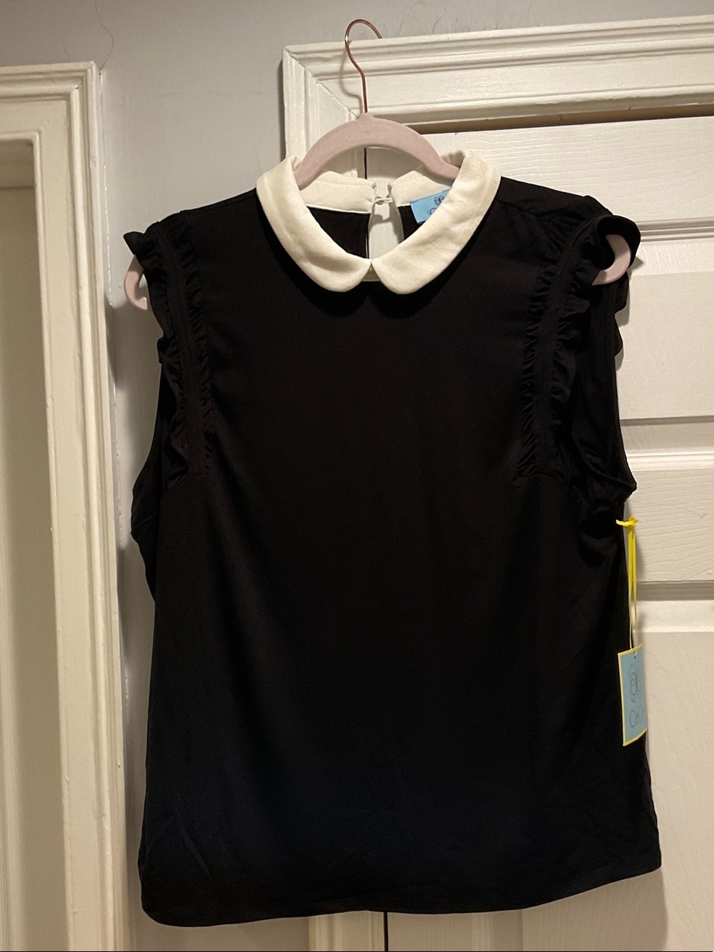 CeCe Black Sleeveless Top with Cream Peter Pan Collar